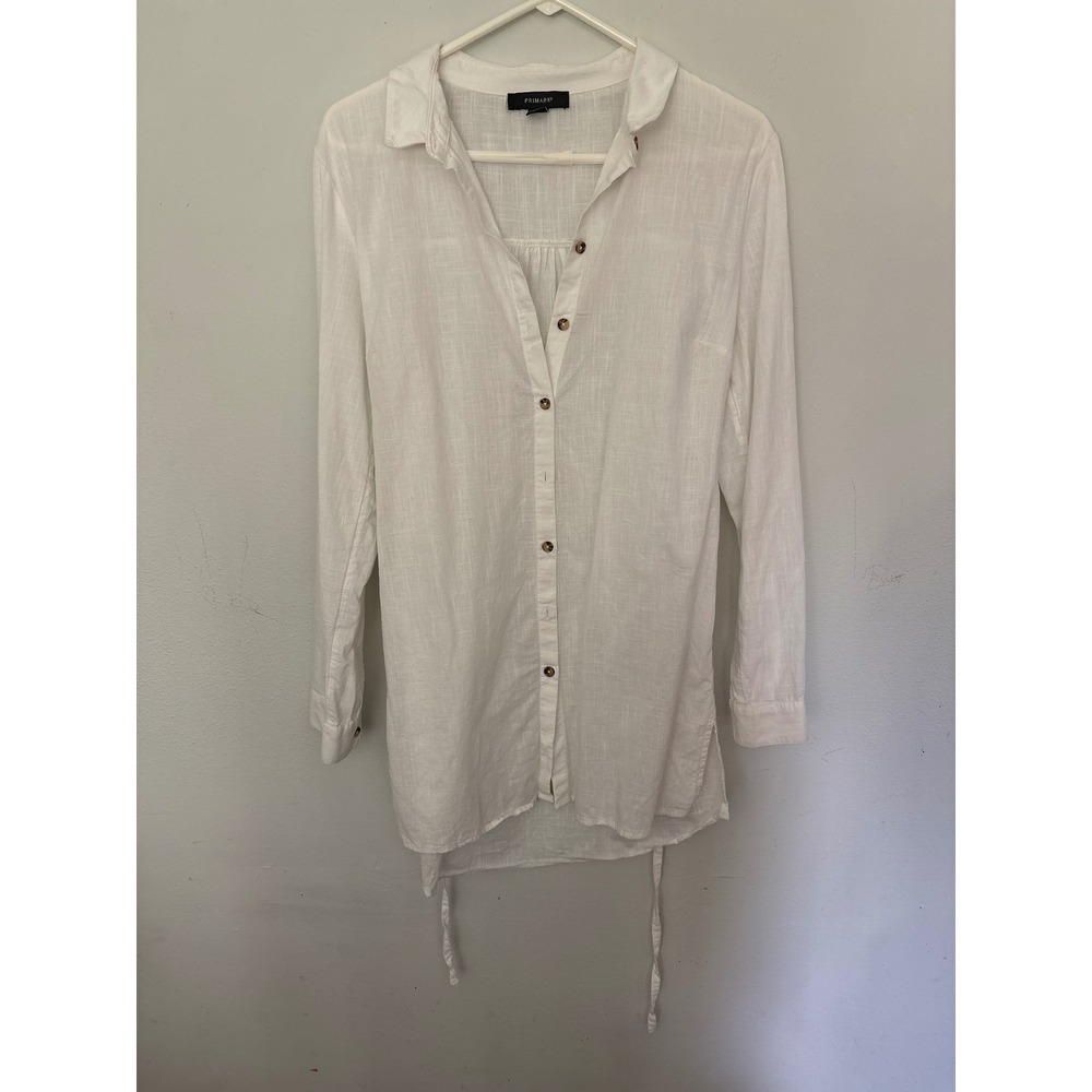 Primark Button Down Shirt Womens 8 White Excellent Long Sleeve Tie Waist Slub